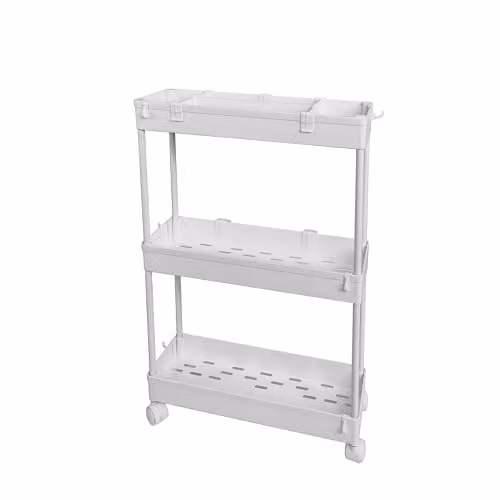 AMOS 3 Tier Rolling Storage Trolley, White Plastic Multi-Purpose Utility Cart, W/D/H: 39.0 x 12.5 x 60.0 cm