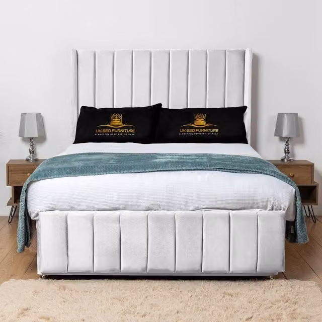 UK Bed Furniture Arizona Wingback Divan Bed Base with 54 Inch Headboard in White, Super King, W/D/H: 200 x 200 cm