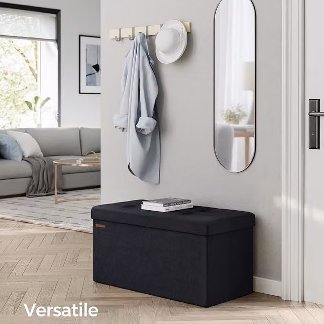 SONGMICS Velvet Storage Ottoman, Foldable Small Foot Rest in Ink Black