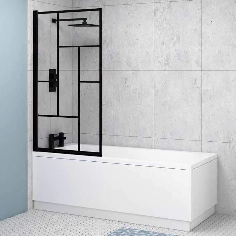 Royal Bathrooms Breeze Round Single Ended Acrylic Shower Bath with Black Abstract Grid Screen, W: 150 cm, D: 70 cm, H: 44 cm