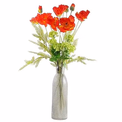 Leaf Design Mixed Floral Artificial Flower Display with Round Glass Vase in Grey and Red, H 60 cm x W 12 cm x D 12 cm