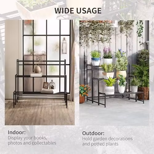 Outsunny 3-Tier Metal Ladder Plant Stand, Modern Freestanding Garden Shelf, Black, H 75 x W 70 x D 66 cm – 5