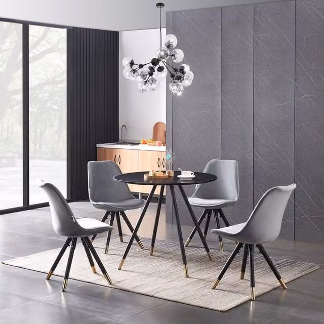 Life Interiors Sofia Dorchester Retro Dining Set with Round Table and 4 Chairs in Grey, Black and Gold