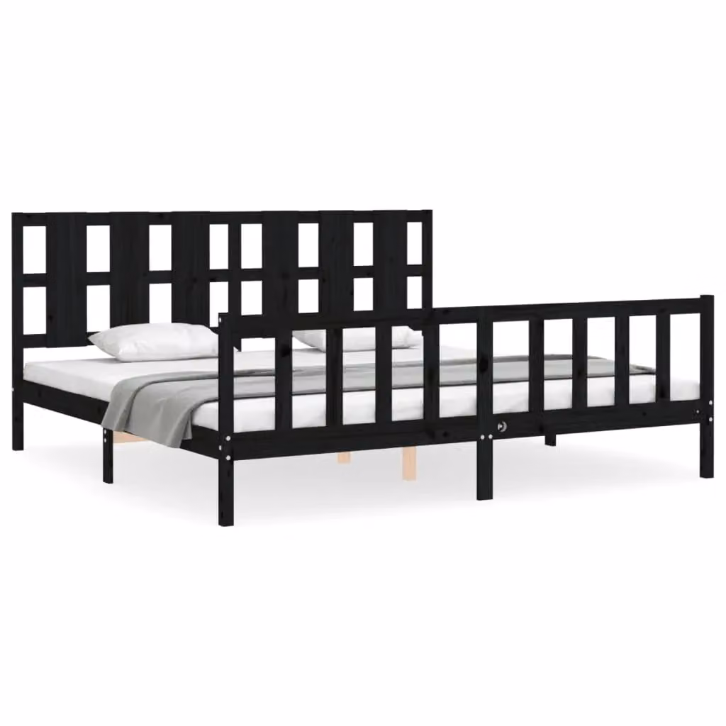Berkfield Home Solid Wood Pine Bed Frame with Headboard in Black, 200 x 200 cm – 2
