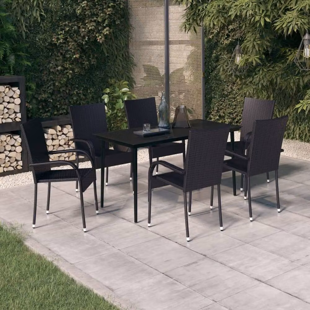 Berkfield Home 7 Piece Black Rattan and Metal Garden Dining Set with Glass Top – 1