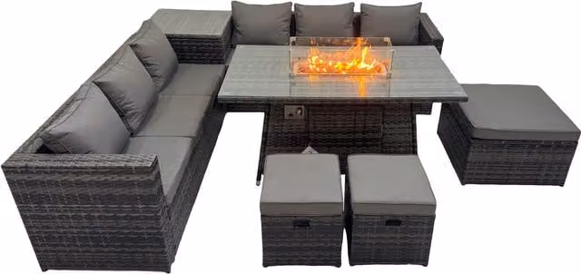 Fimous 9 Seater L-Shape Rattan Garden Furniture Set in Grey with Upholstered Cushions, Coffee Table and Ottoman