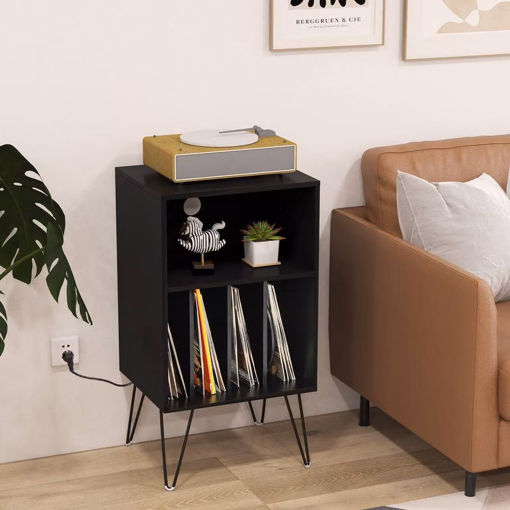 Gymax 3-Tier Modern Metal Record Player Stand with Charging Station and Media Compartments in Black – 4