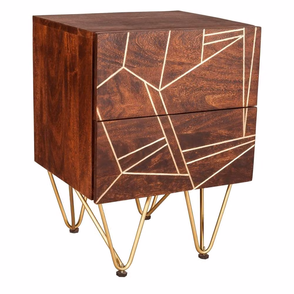 Wyld Haus Bandung 2 Drawer Side Table in Brown Mango Wood with Gold Inlays, W/D/H: 40 x 45 x 60 cm – 2