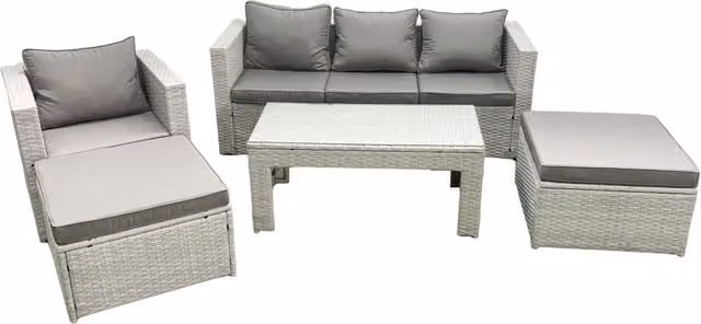 Fimous 6 Seater Outdoor Rattan Garden Furniture Set with Grey Cushions, 2 Footstools and Coffee Table