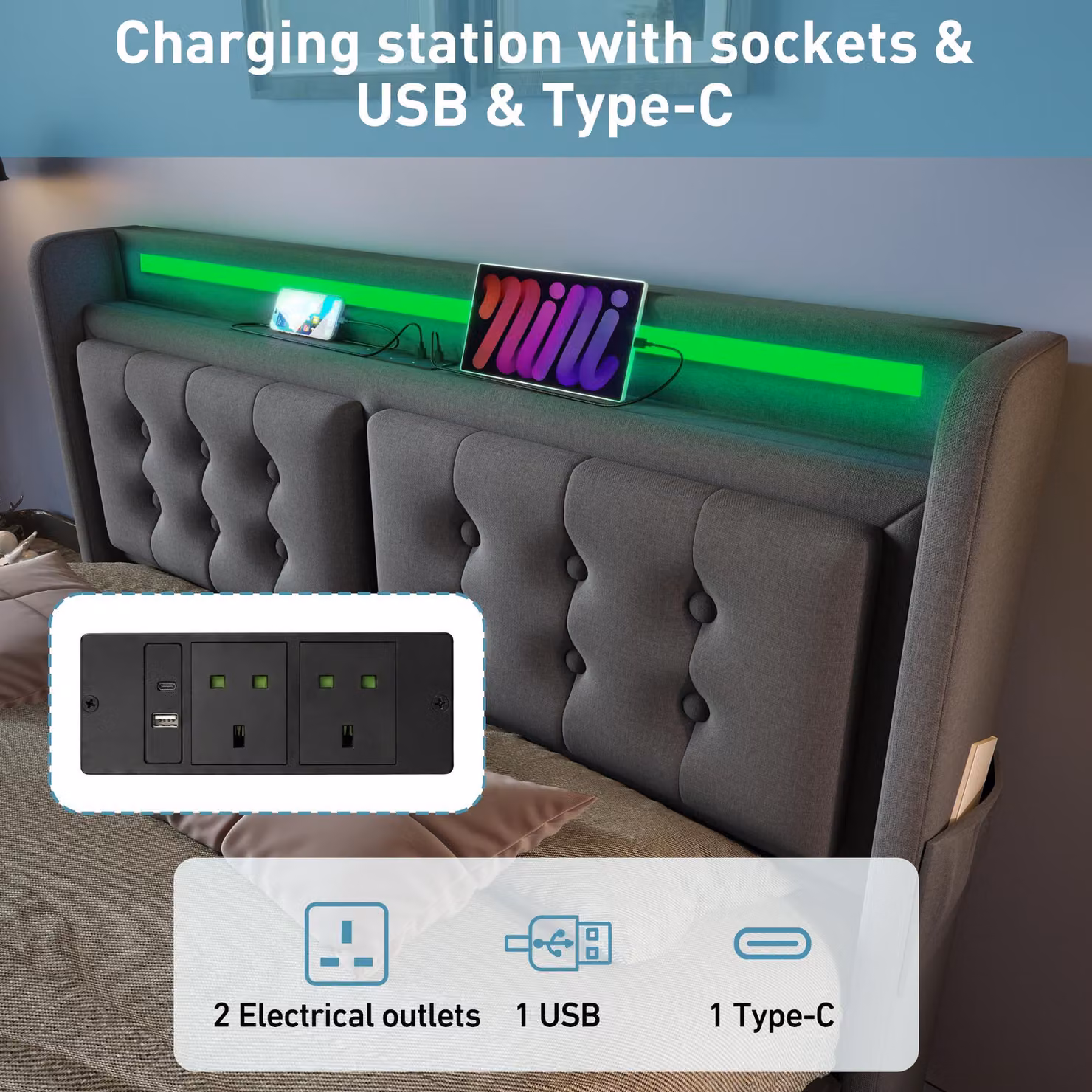 Aosom UK Grey Upholstered Double Bed Frame with Gas-Lift Storage and USB Charging Ports, H x W x D: 110 x 157 x 223 cm – 5
