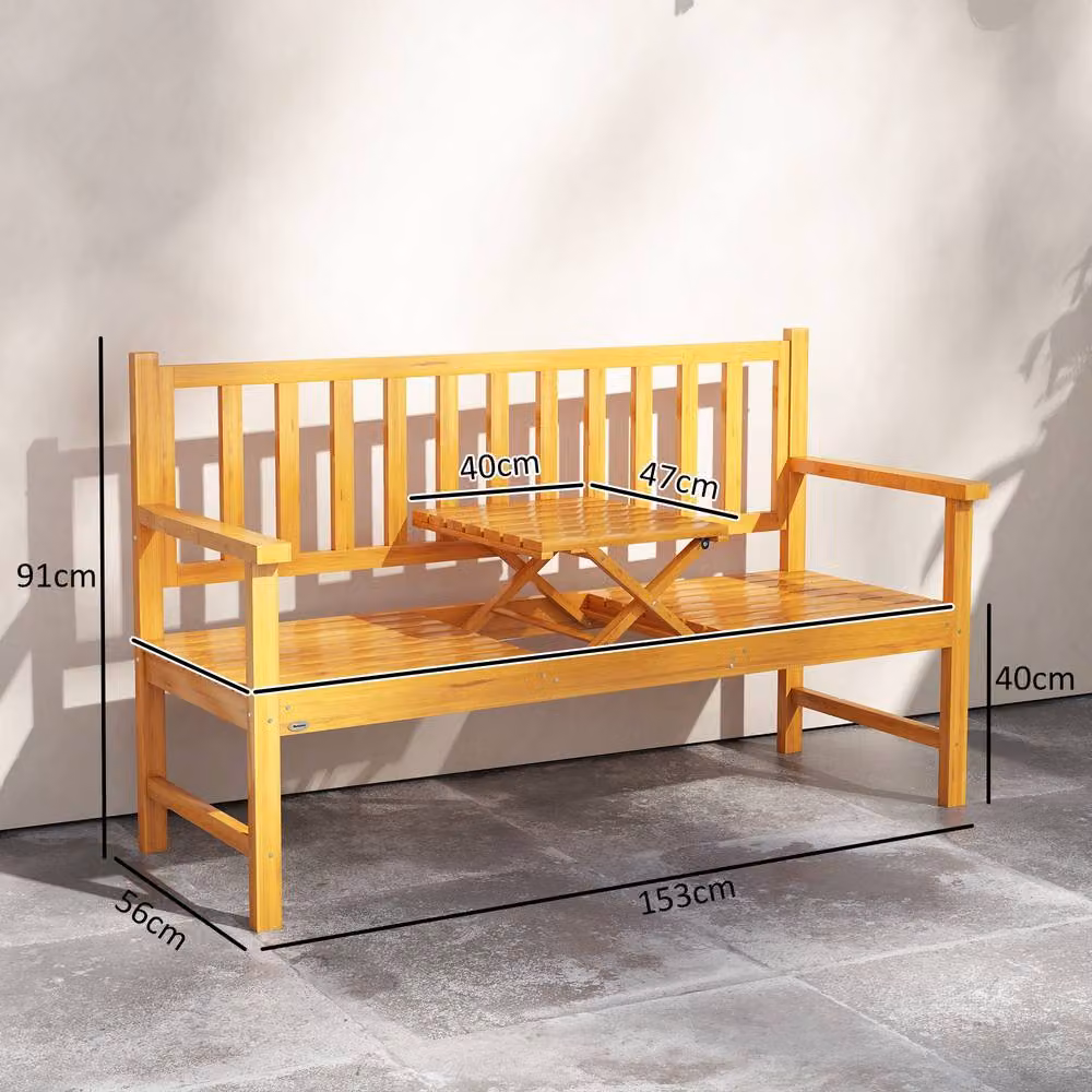 OUTSUNNY Rustic Light Brown Pine Wood Outdoor Garden Bench with Liftable Middle Table, Width: 153 cm – 3