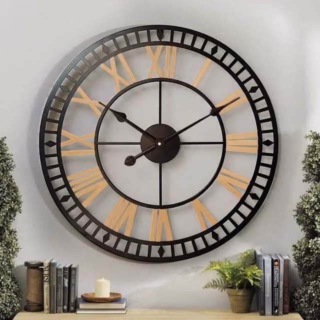 SPETLEK Round Analog Wall Clock in Black and Gold Metal, Diameter: 80 cm