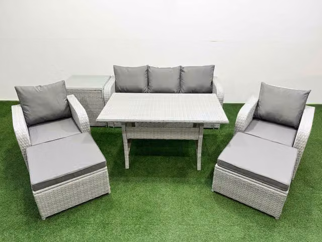 Fimous PE Rattan Garden Furniture Set in Light Grey with Reclining Chairs, Sofa, Rectangular Dining Table, Side Table and 2 Footstools