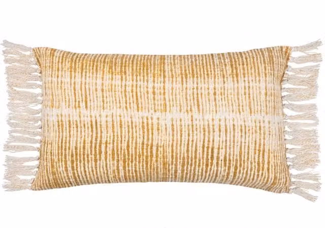 Sono Ink Abstract Fringed Rectangular Cushion in Cumin and Feather with Cotton and Polyester Blend and Feather Filling