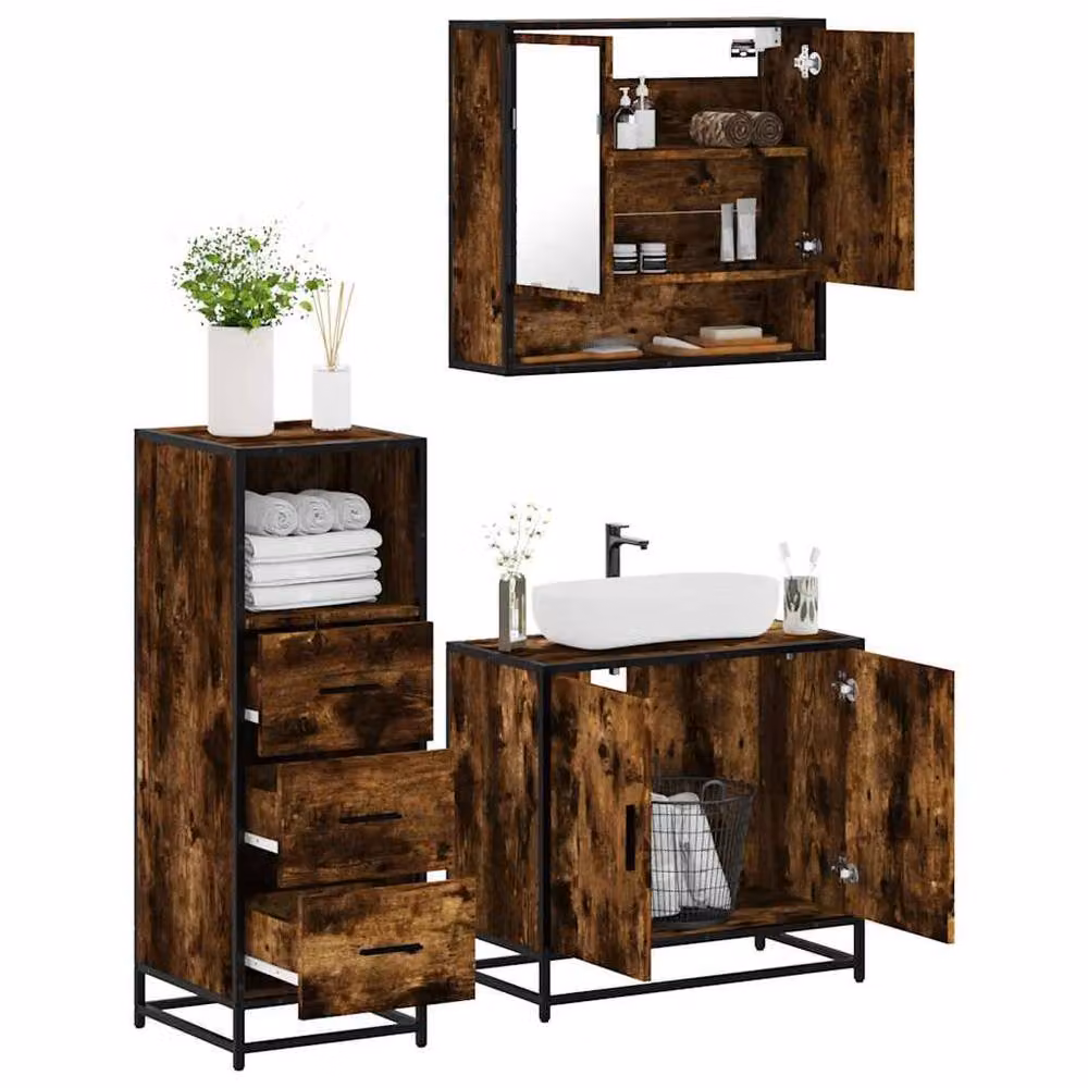 Berkfield Home 3 Piece Industrial Bathroom Furniture Set in Brown Smoked Oak – 2