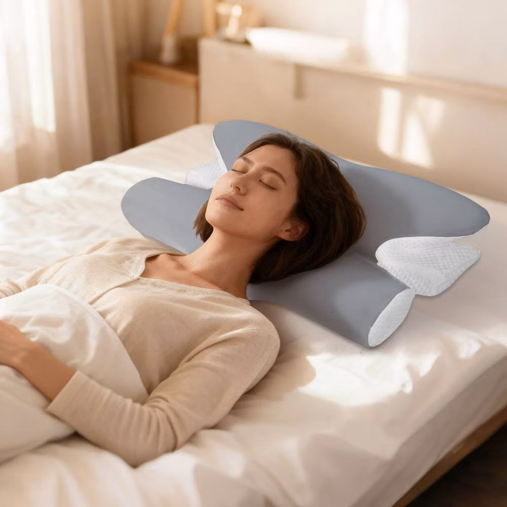 Lavio Memory Foam Ergonomic Horn Pillow in Grey with Cooling Ice Silk Removable Cover for Neck and Shoulder Pain Relief – 3