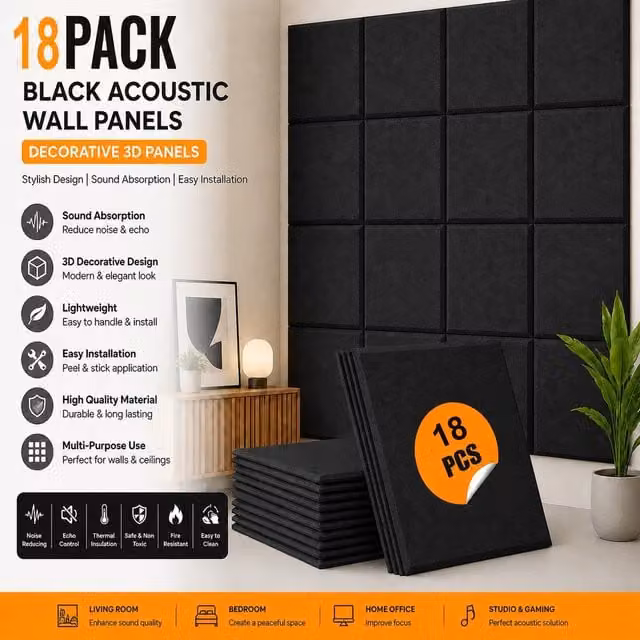 Atek 18 Pack Plain Black Acoustic Wall Panels