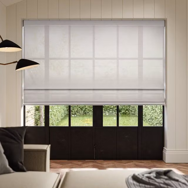 ANTE DECOR Karrika No Joins Sheer Made To Measure Roman Blind in Dove Grey and White