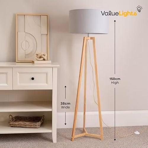 ValueLights Beige Wood Tripod Floor Lamp with White Fabric Cylinder Shade, H 148 cm x W 45 cm x D 45 cm – 2