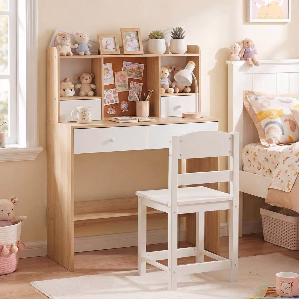 Costway Kids Wooden Study Desk and Chair Set with 4 Drawers in Natural Wood Finish – 3