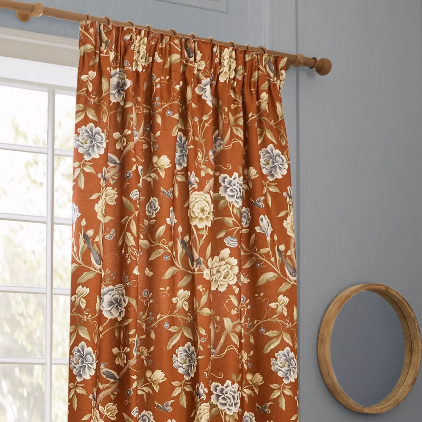 Sanderson Porcelain Garden Floral Printed Chenille Pencil Pleat Curtains in Orange, Width: 168 cm, Drop: 137 cm – 2