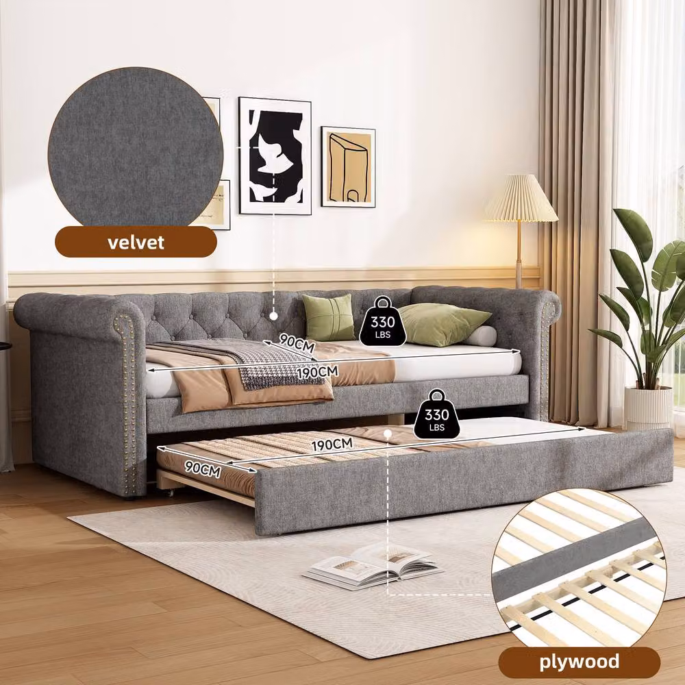 BTM Grey Velvet Chesterfield Single Upholstered Daybed Sofa Bed, W/D/H: 90 x 190 x 42.5 cm – 3