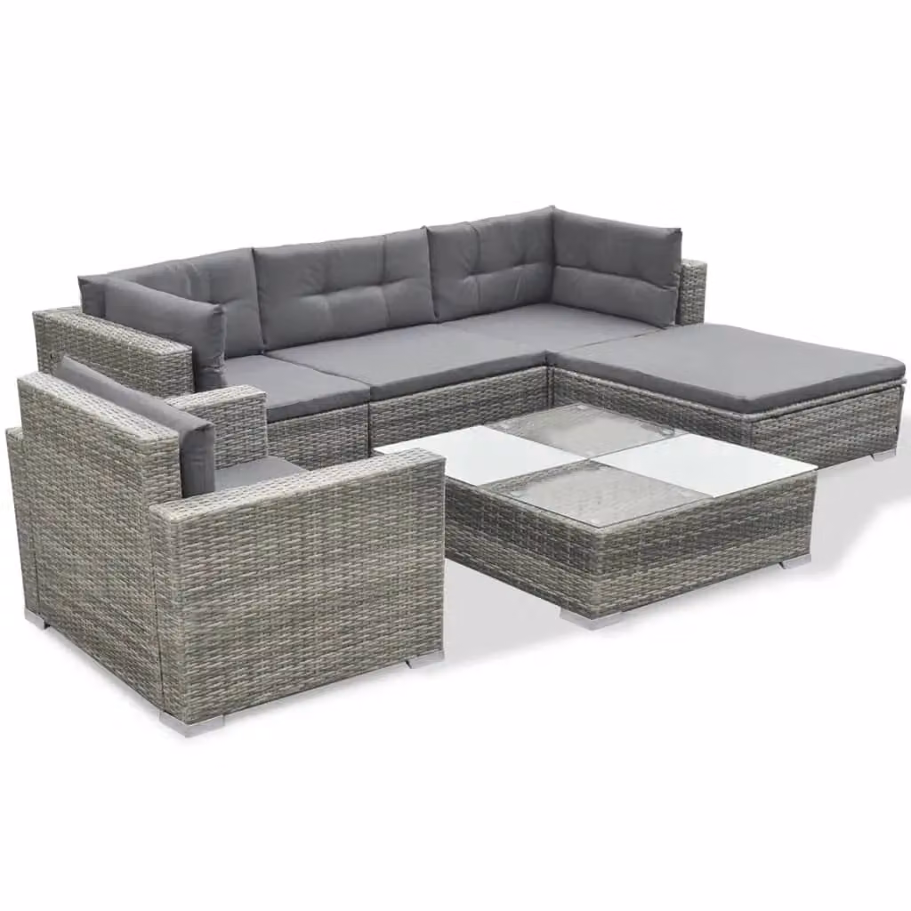 Berkfield Home 6 Piece Grey Poly Rattan Garden Lounge Set with Cushions and Ottoman – 2