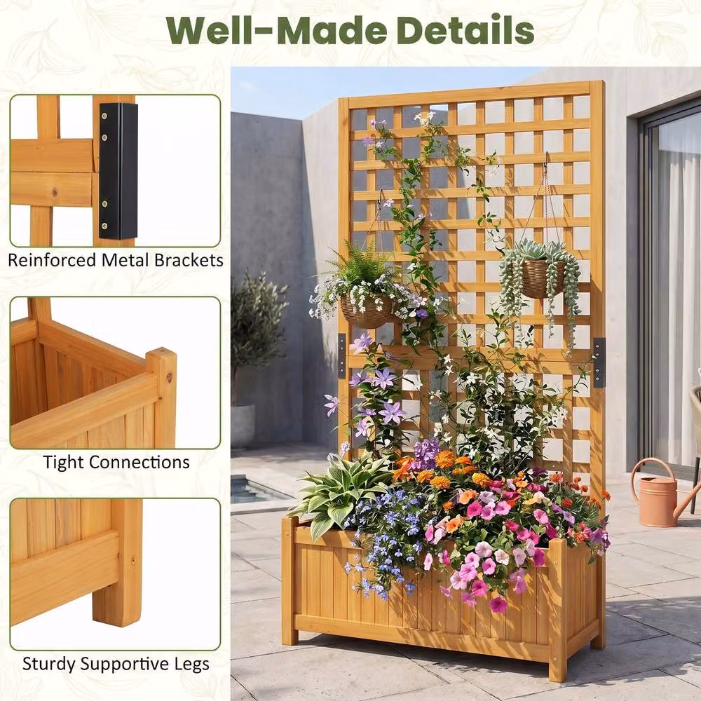 Costway Wooden Raised Garden Bed with Trellis and Drainage Holes, Orange, W/D/H: 143 x 66 x 32 cm – 8