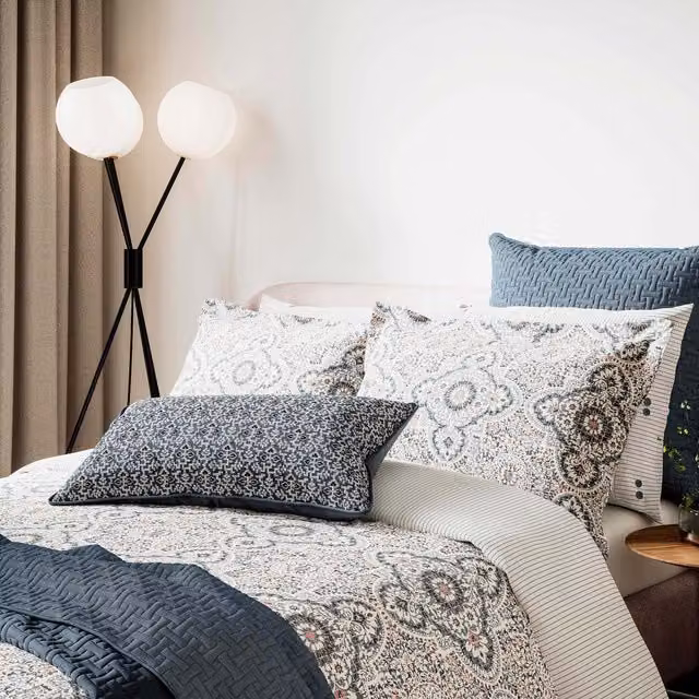 Bedeck of Belfast Nena Reversible Blue Floral Cotton Percale Double Duvet Cover and Pillowcase Set, W: 140 cm, L: 200 cm