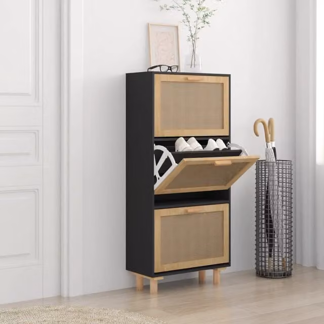 Berkfield Home Black Shoe Cabinet with Natural Rattan and Internal Drawers, W/D/H: 52 x 25 x 115 cm – 1