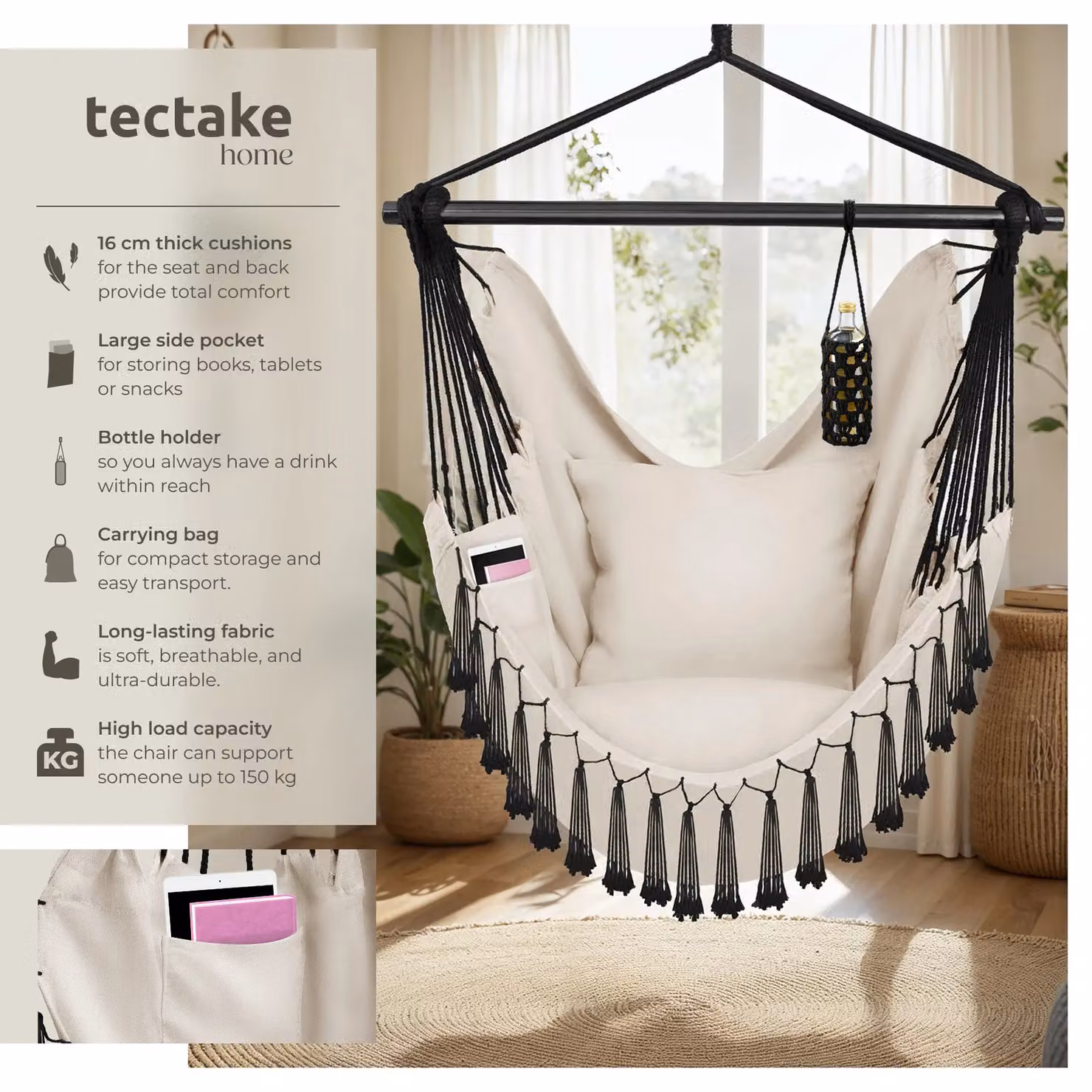 tectake Malika Boho Style Hanging Chair in Beige – 2