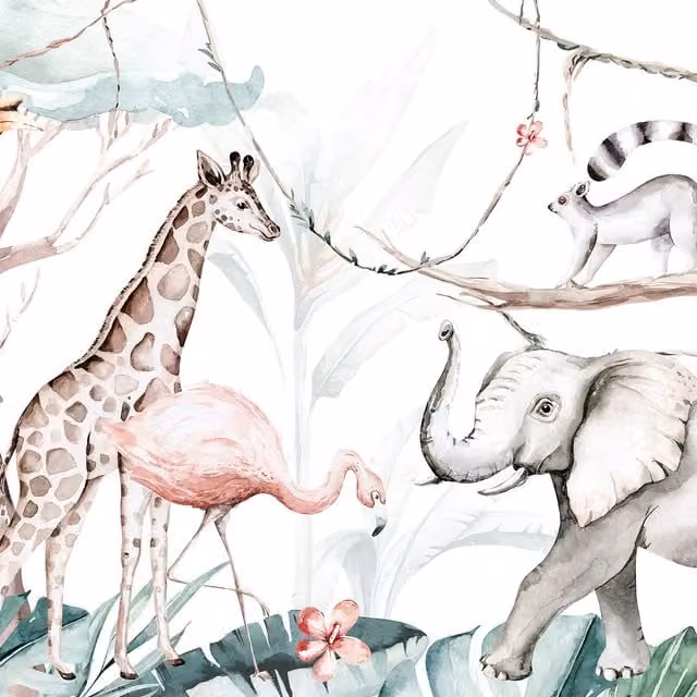 Jungle Friends Wall Mural in White and Multicolour, Width: 260 cm