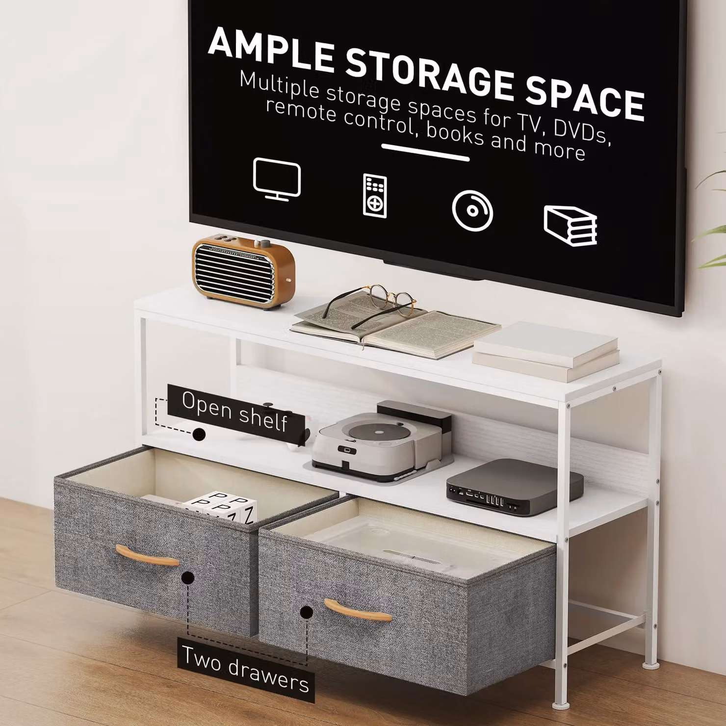 HOMCOM Modern White TV Cabinet with 2 Foldable Linen Drawers – 5