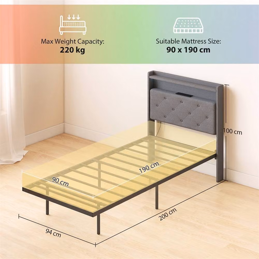 HOMCOM Modern Upholstered Single Bed Frame with RGB LED Under-Bed Lighting, USB Charging Ports and Side Compartments in Black and Grey, W/D/H: 120 x 60 cm – 2