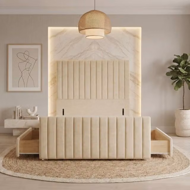Somnior Eleanor Linen Divan Base with 4 Drawers, 54 inch Headboard and 22 inch Footboard, Beige, W/D/H: 180 x 200 cm