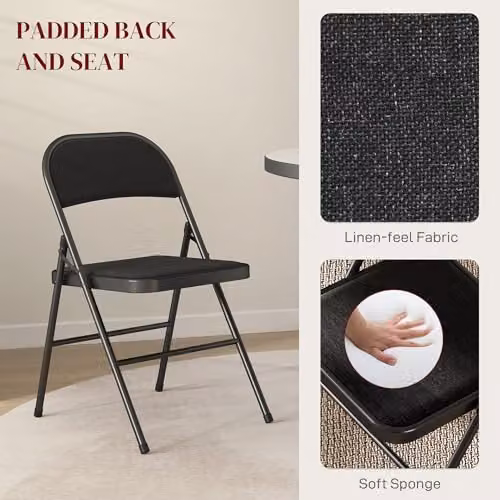 HOMCOM Set of 4 Black Padded Folding Chairs with Metal Frame and Fabric Cushioned Seats – 3