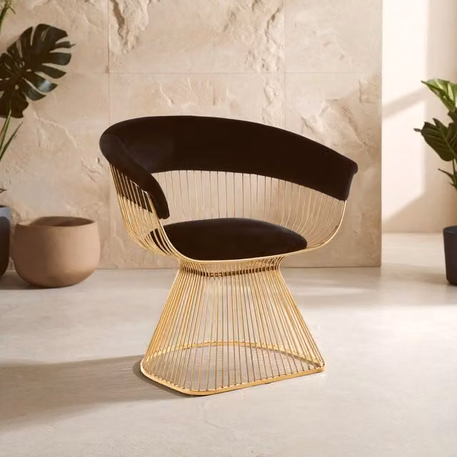 Orsina Art Deco Black Velvet and Gold Metal Dining Chair with Armrests