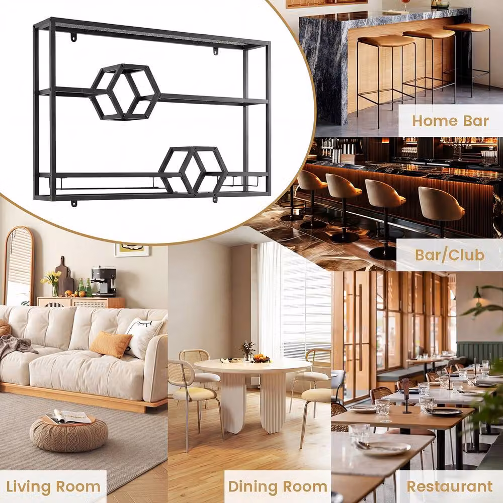 Costway 3 Tier Metal Wall Mounted Wine Rack with Glass Holder in Matt Black – 7