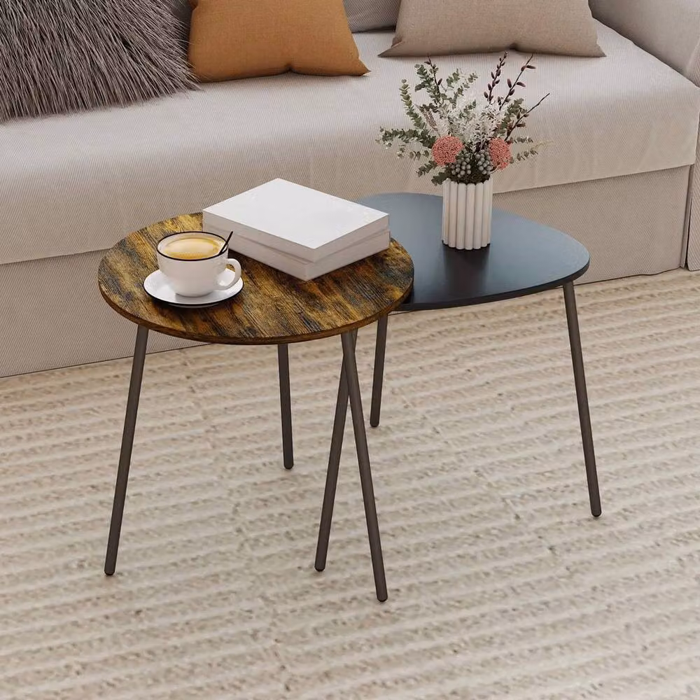 VOGREX 2-Piece Rustic Brown Nesting Side Tables with Round MDF Tops and Metal Legs – 3