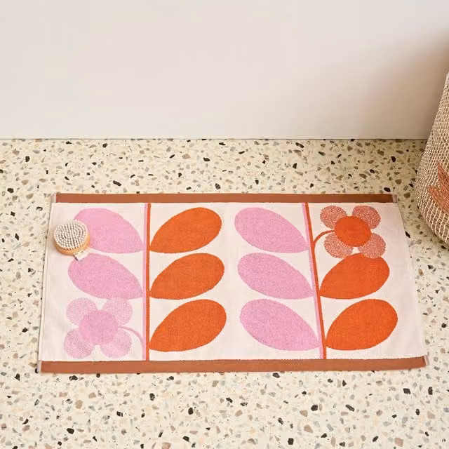Orla Kiely Stem Bloom Duo Cotton Bath Mat Set in Blush Pink, Orange and Yellow