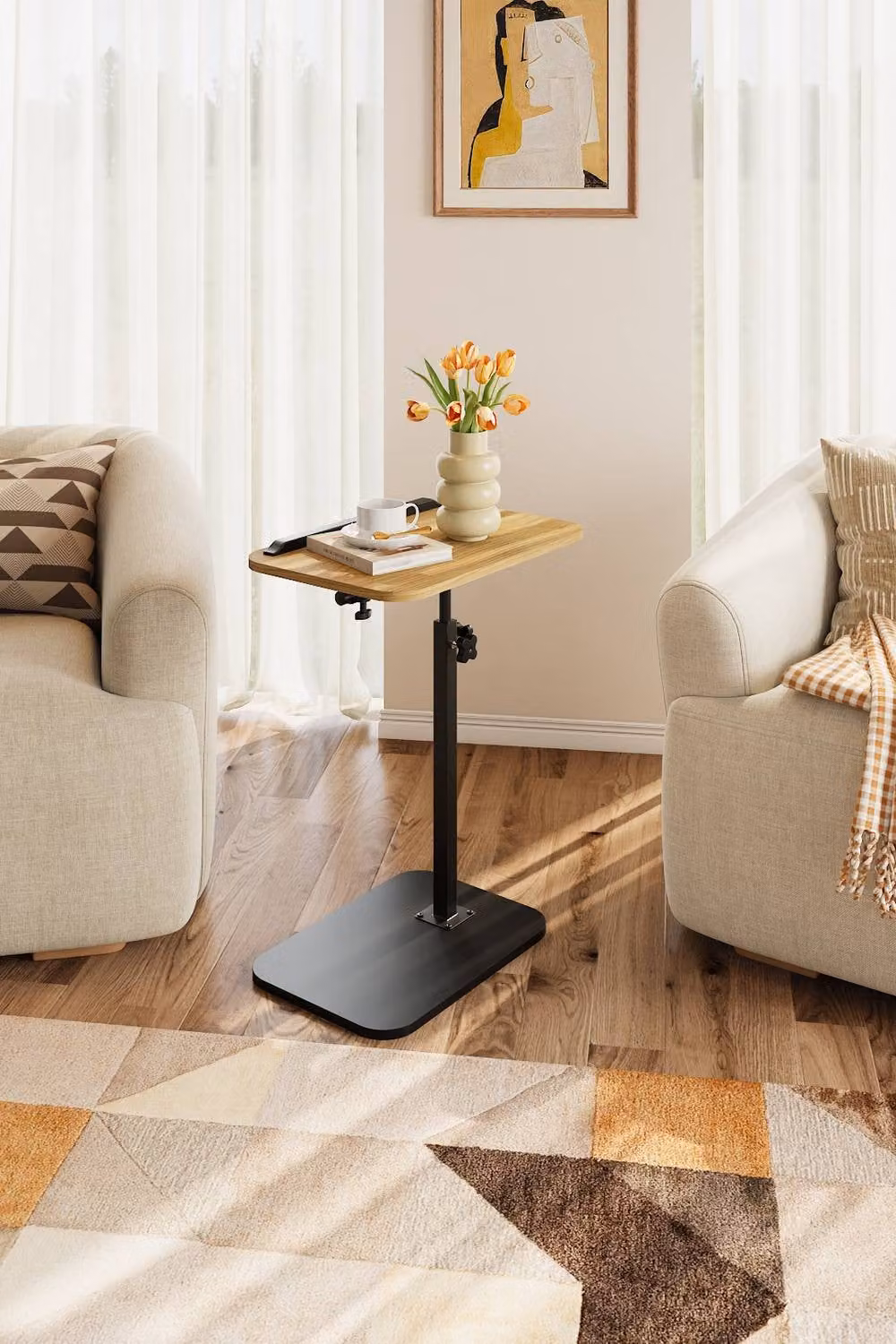 H&O Direct Adjustable Height Side Table with Tilting and Rotating Rectangular Top in Beige Wood Finish – 2
