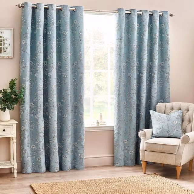 Make It A Home Set of 2 Sophia Jacquard Floral Eyelet Curtains in Blue and Green, Height: 229 cm