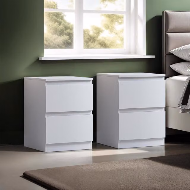 FWStyle Matt White Set of 2 Bedside Table Chests with Deep Drawers