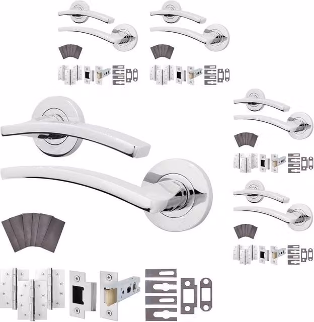 AFIT Polished Chrome Fire Door Handle Latch and Hinge Set, 5 Pack, Silver, W/D/H: 15 x 15 cm