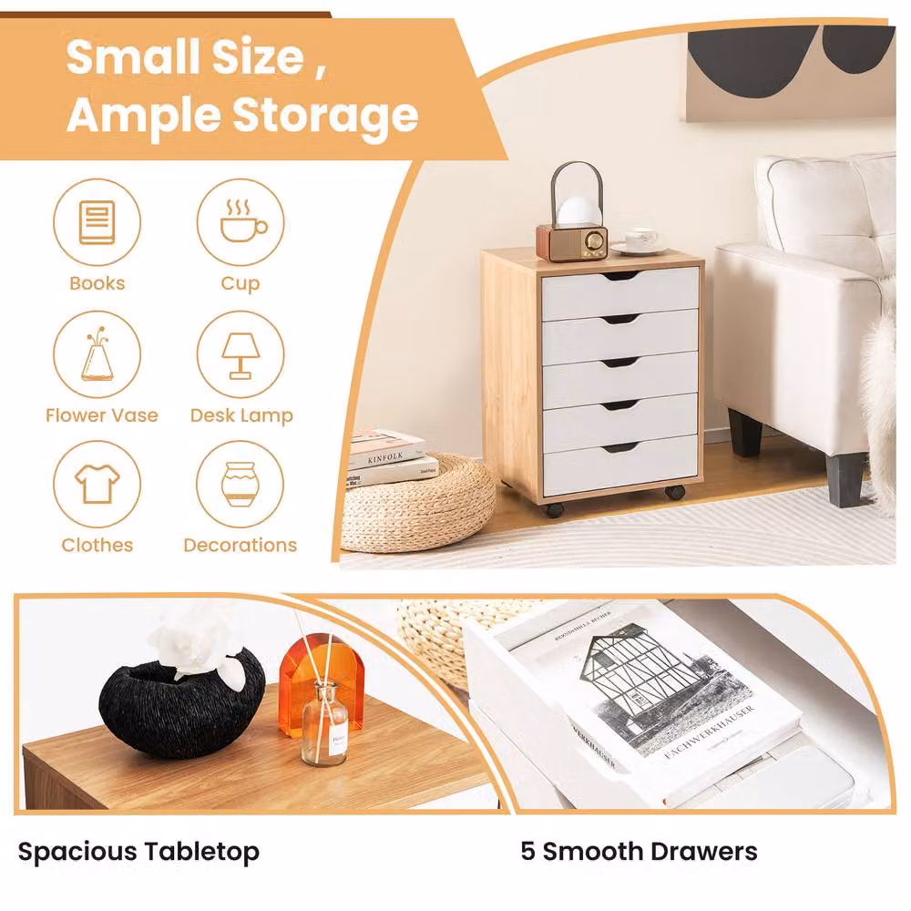 Costway 5 Drawer Rolling Storage Cabinet Mobile Wooden Chest of Drawers in Natural – 2