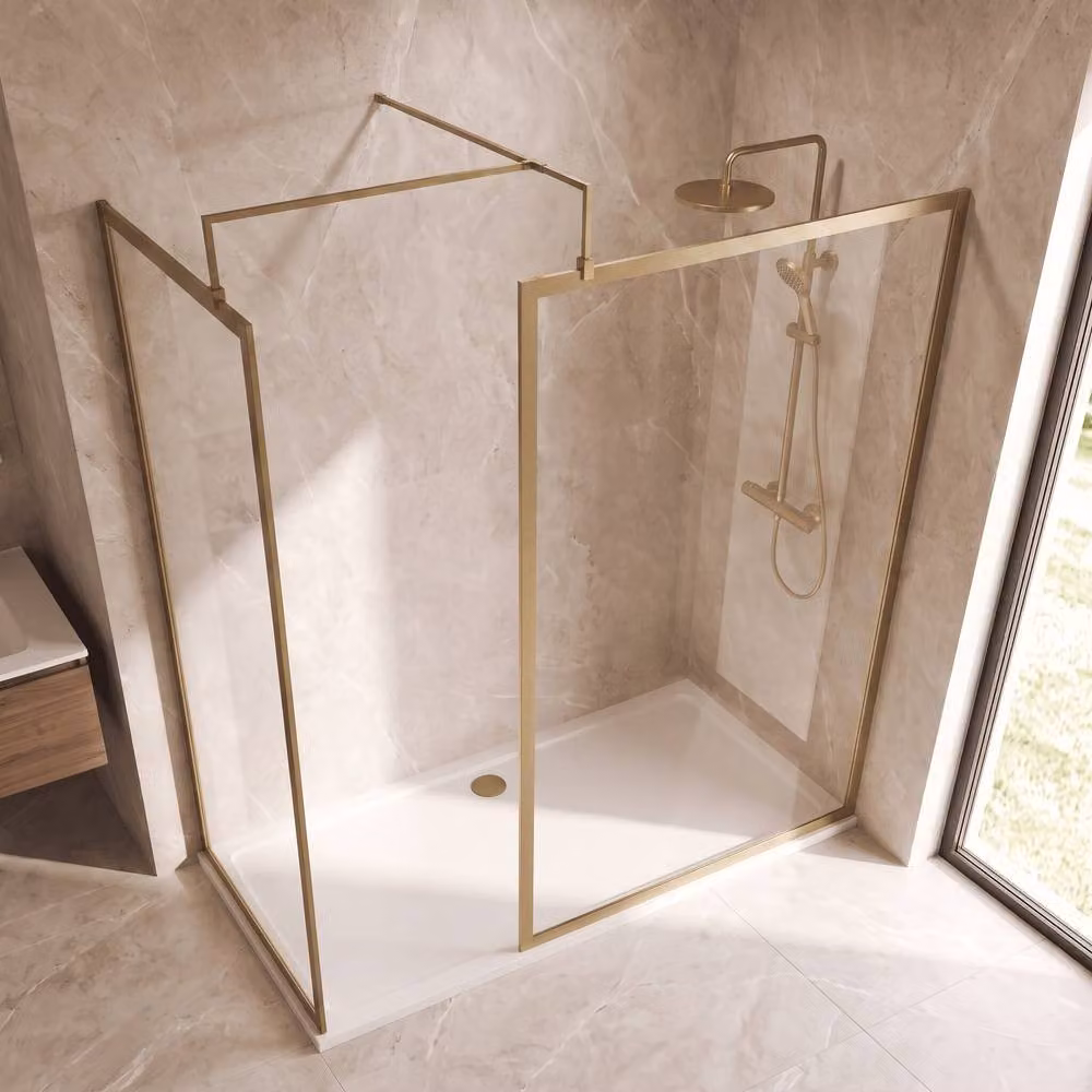 Balterley Brushed Brass Framed Walk-In Wetroom Bundle with Rectangular Tray and Clear Glass – 2
