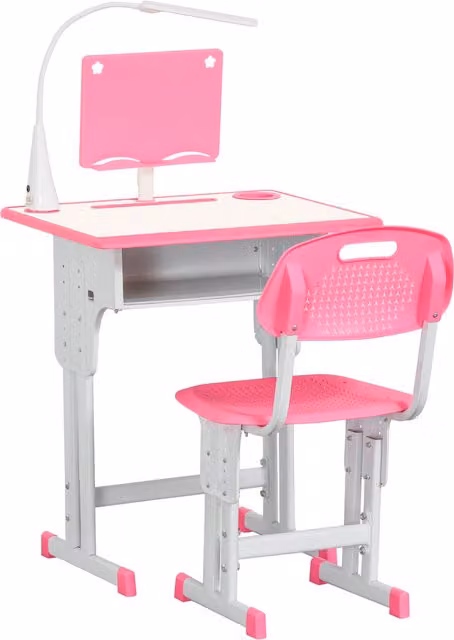 HOMCOM Kids Adjustable Height Study Desk and Chair Set in Pink with Drawer and Book Stand
