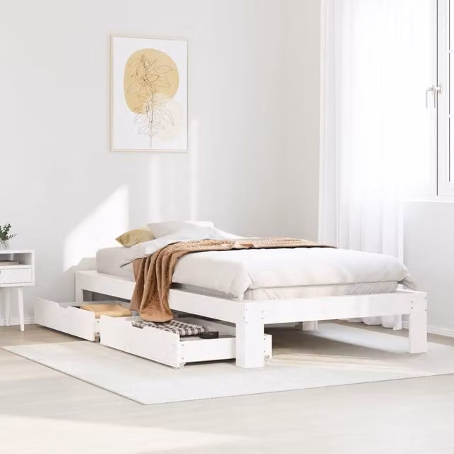 Berkfield Home Small Single Solid Wood Pine Bed Frame with Drawers, White, W/D/H: 75 x 190 cm