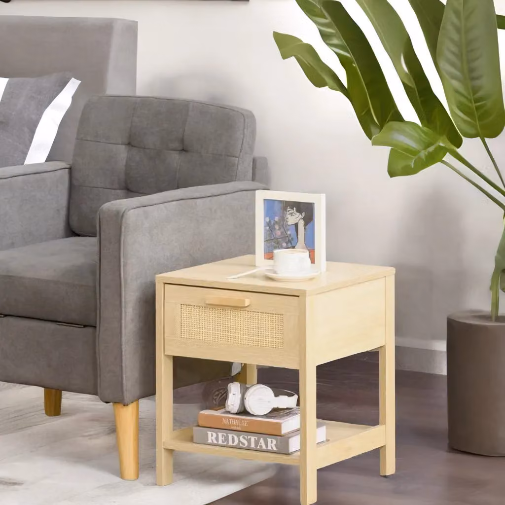 Rafaelo Mobilia Rattan Bedside Table with Drawer and Shelf in Brown and Beige, W: 40 cm, D: 40 cm, H: 48 cm – 2
