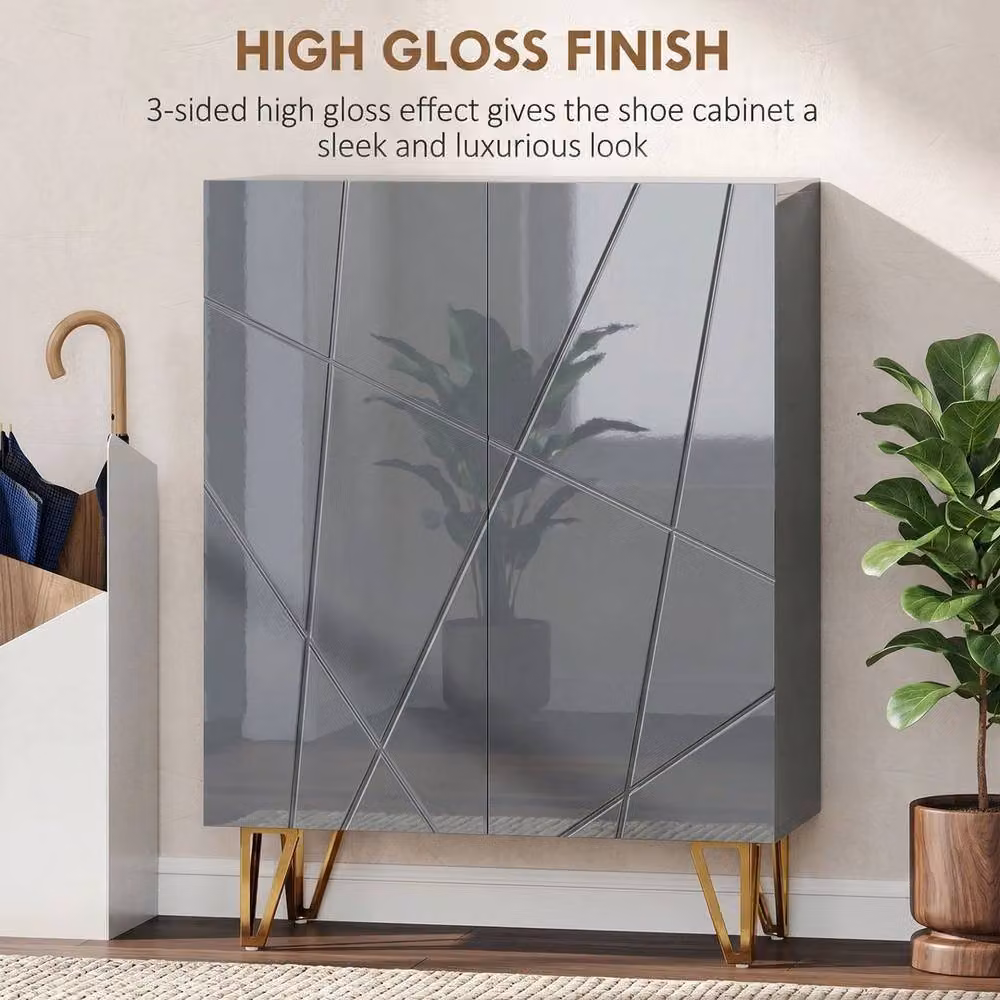 NESTLUNE Grey Glossy Shoe Storage Cabinet with Soft-Close Hinged Doors and Internal Shelves, W: 100 cm, D: 15 cm, H: 80 cm – 2